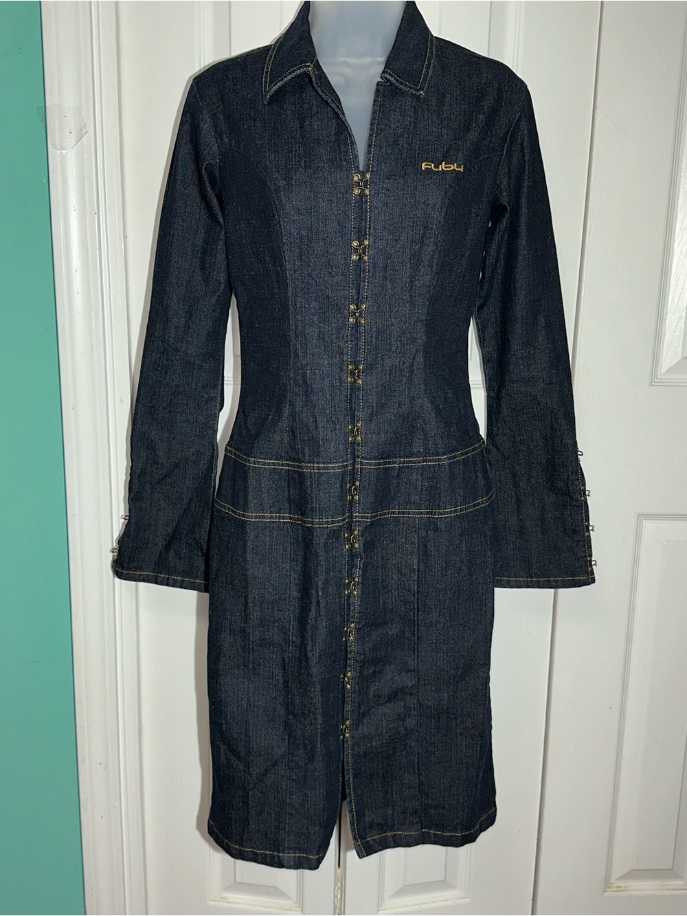Vintage FUBU Denim Dress Womens W3/4 Blue Long Flare Sleeve Y2K Hook Front  AA25